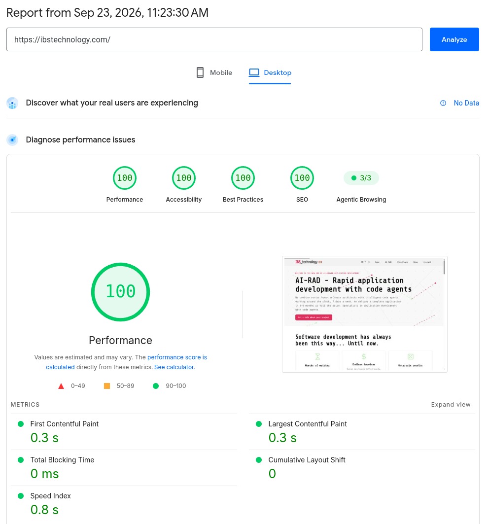 Google PageSpeed Insights - 100% on ibstechnology.com